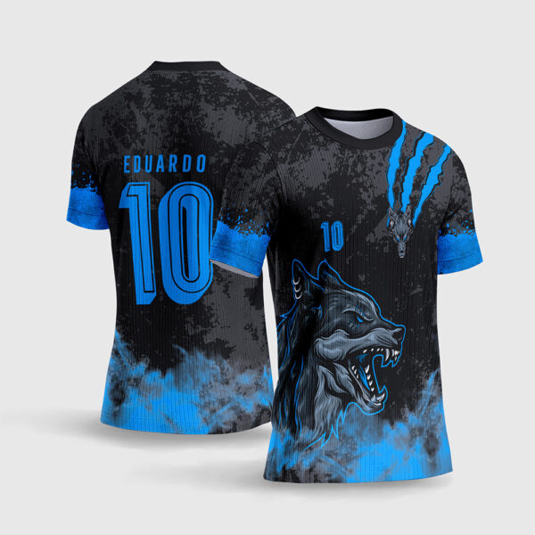 Arte Vetor Template Camisa Interclasse Jogos Escolares Time Lobo Feroz Azul Fumaca Marcas Garra Fundo Escuro Grunge Sublimacao CorelDRAW