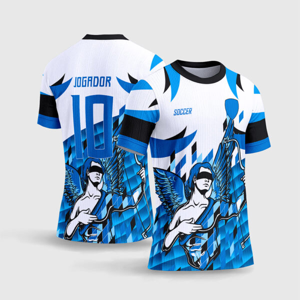 Arte Vetor Template Camisa Interclasse Jogos Escolares Time Anjo da Justica Arqueiro Vendado Branco Azul Geometria Sublimacao CorelDRAW