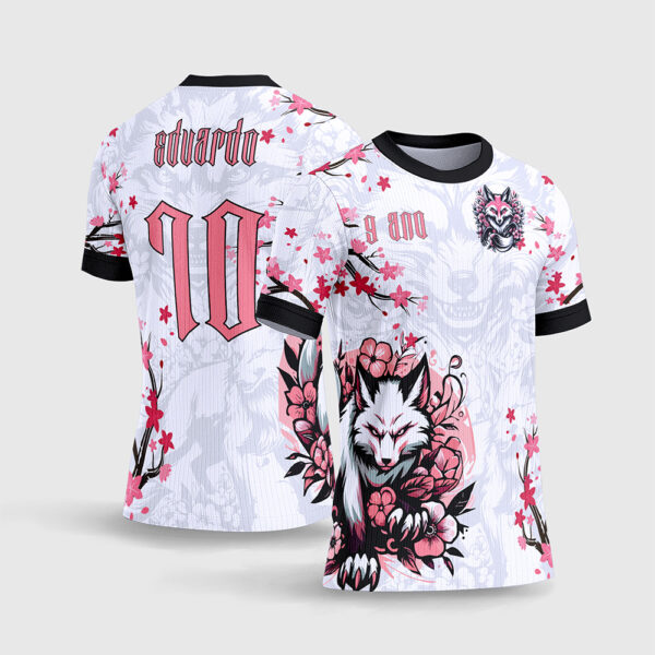 Arte Vetor Template Camisa Interclasse Jogos Escolares Time Raposa Branca Flores Cerejeira Rosa Sakura Sublimacao CorelDRAW