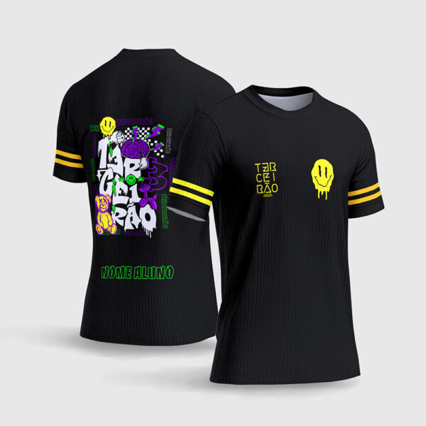Arte Vetor Camisa Interclasse Terceirão Smile Face Derretido Neon Streetwear Fundo Preto Sublimação CorelDRAW