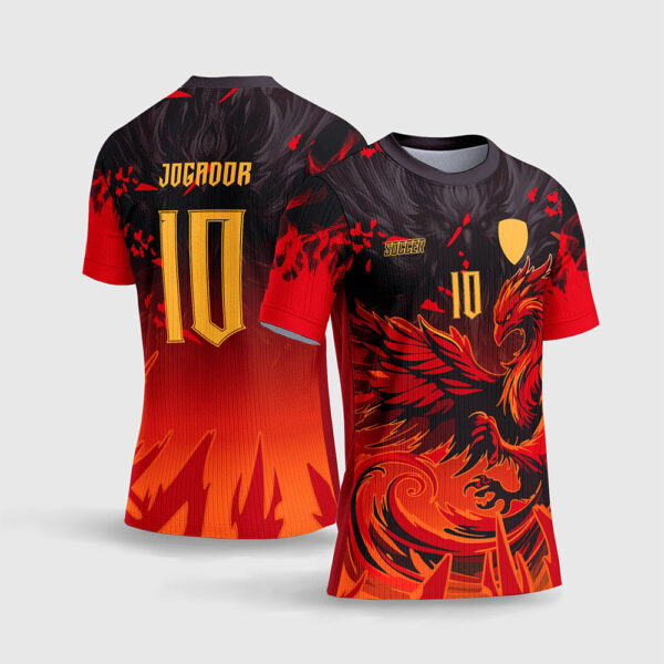 Arte Vetor Template Camisa Interclasse Jogos Escolares Time Fenix Fogo Laranja Vermelho Fundo Preto Brasas Sublimacao CorelDRAW