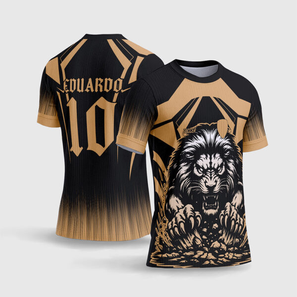 Arte Vetor Template Camisa Interclasse Jogos Escolares Time Leao Ataque Preto Dourado Geometria Pedras Quebrando Sublimacao CorelDRAW