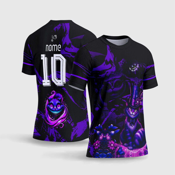 Arte Vetor Template Camisa Interclasse Jogos Escolares Time Gato Cheshire Roxo Preto Magia Pais das Maravilhas Sublimacao CorelDRAW