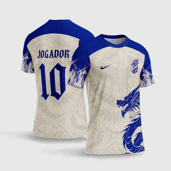 Arte Vetor Template Camisa Interclasse Jogos Escolares Time Dragão Azul Oriental Fundo Creme Sublimação CorelDRAW