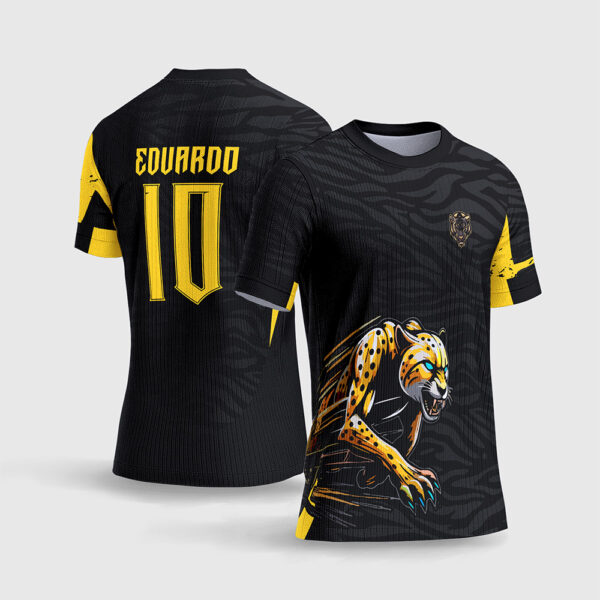 Arte Vetor Template Camisa Interclasse Jogos Escolares Time Guepardo Preto Amarelo Textura Animal Print Velocidade Sublimacao CorelDRAW