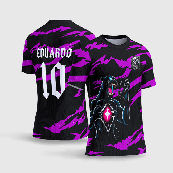 Arte Vetor Template Camisa Interclasse Jogos Escolares Time Pantera Galactica Roxa Preta Fundo Raios Espaco Sublimacao CorelDRAW